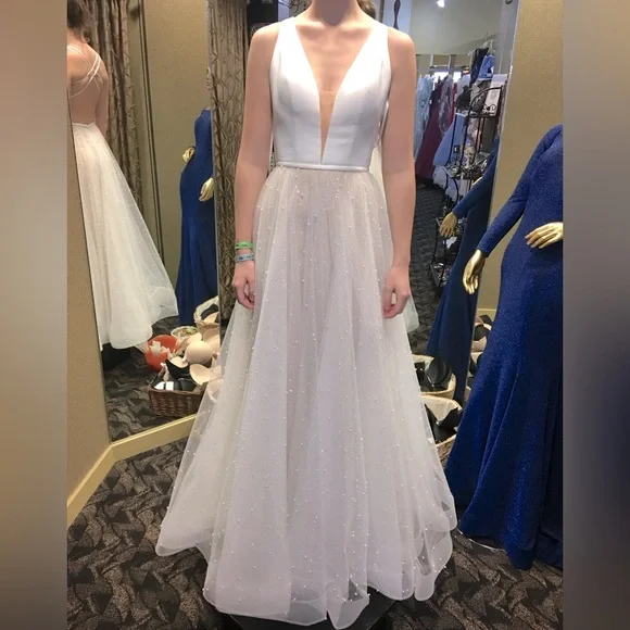 Dresses | Gorgeous White Prom Dress Silver Rhinestone Pearl Beaded Skirt  Open Back | Poshmark